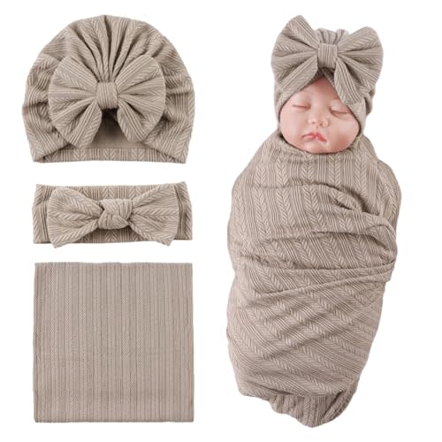 OMUKY Newborn Receiving Blanket Bow Headband and Beanie Set Baby Swaddle Receiving Blankets Baby Boy Girls Nursery Swaddle Wrap(Coffee)