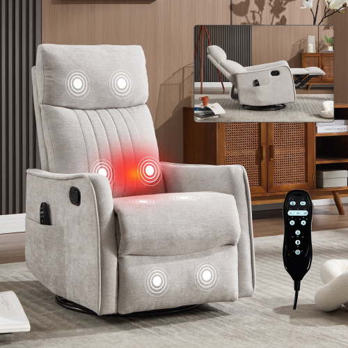 LLappuil Recliner Chair, 360° Swivel Massage Recliner Chair with Heat, Nursery Glider Rocker Recliner Chair for Living Room, Bedroom, Chenille Light Gray