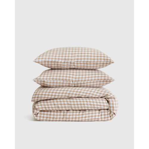 European Linen Gingham Duvet Cover Set in Cafe