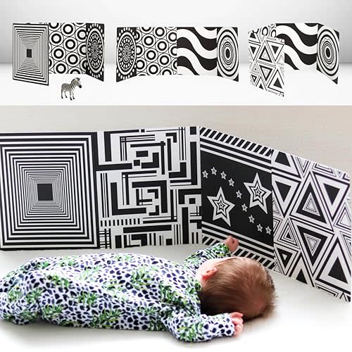 My Little Learner - Supersized High Contrast Baby Sensory Fold-Out Board for 0 6 Months - Newborn Sensory Toys - Black and White Baby Book - Thick Stand Up Sensory Cards - Black and White Baby Toys