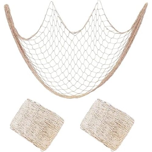 2 Pack Decorative Fishing Net 80x40inch, Wall Photo Hanging Display Fishnet for Classroom Home Nautical Mermaid Pirate Ocean Themed Birthday Hawaii Beach Under the Sea Party Decor(Beige-2pack)