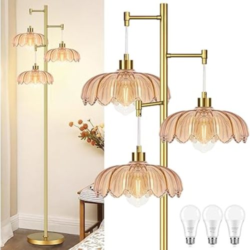 Vintage Floor Lamps for Living Room Bedroom-3 Light Glass Floor Lamp with Three Led Bulb, Flower Tall Floor Lamp Gold Mid Century Modern Standing Lamp Tree Floor Lamps for Living Room Bedroom Corner