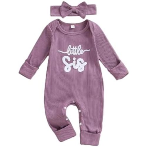 pengnight Newborn Baby Girl Clothes Little Sister Romper Long Sleeve Solid Color Bodysuit Jumpsuit + Headband Fall Outfits