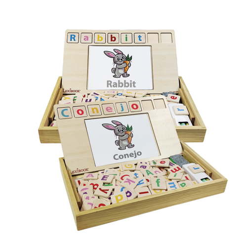 Lexibook Bio Toys Word School, bilingual Spanish/English, wooden game, 50 word cards, alphabet, educational game, EDU100i2