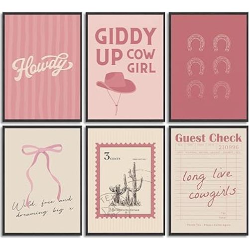 6Pcs Pink Western Cowgirl Canvas Wall Art, Preppy Cute Bow Painting Pictures Wall Decor, Vintage Cowboy Hat Posters Print Artwork for Girly Living Room, Dorm, Home Decoration 8x10in Unframed