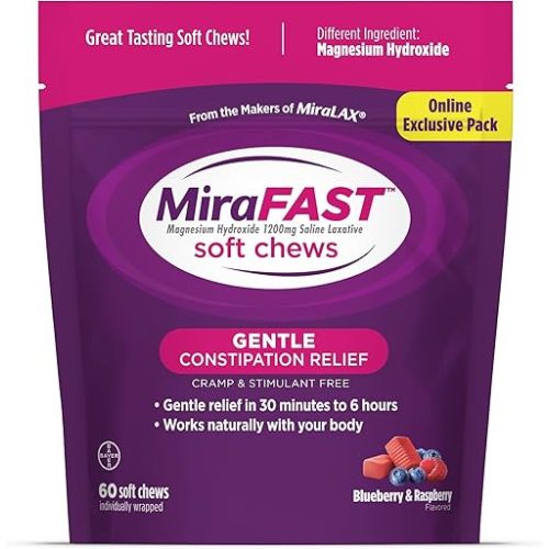 MiraFAST Soft Chews, from the Makers of MiraLAX, Gentle Constipation Relief, Fast Acting, Stimulant Free Saline Laxative, Magnesium Hydroxide, Blueberry & Raspberry Flavor, 60ct