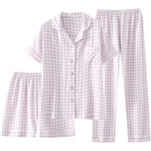 Womens Cotton Pajama Sets Plaid Short Sleeve Button Down Sleepwear Ankle Pants 3 Piece Gingham Pj Set