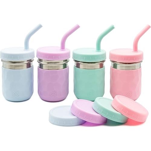 WeeSprout 2-in-1 Drinking Cups for Kids, Durable Stainless Steel Tumbler for Smoothies, Silicone Straws with Stoppers, Premium Plastic Twist Lids, Easy-Grip Sleeves, Set of 4 Dishwasher Safe Kid Cups