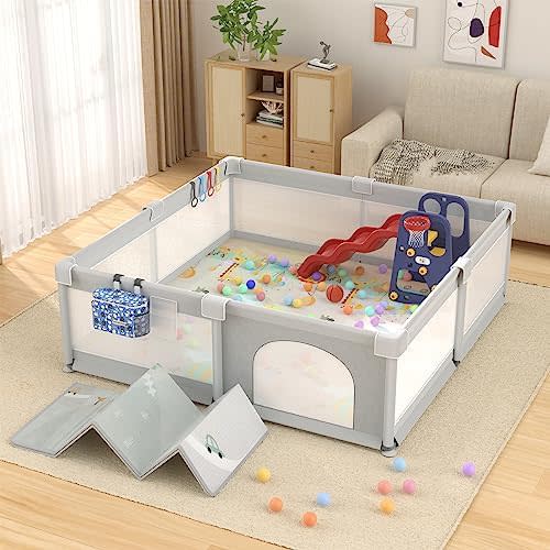 79" x 71" Baby Playpen with Upgrade Mat, Portable Play Yard for Babies and Toddlers, Extra Large Baby Gate Playpen, Play Pin, Fence Area, Includes Ocean Balls, Pulling Rings
