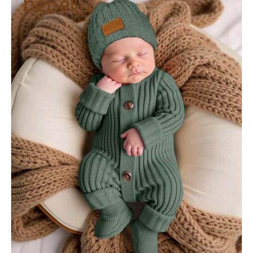 SHEIN Sage Green Autumn Modest Newborn Baby Girl Boy Knitted Jumpsuit,Footie & Hat Set,Versatile Newborn Knit Outfit Photoshoot Sweater Romper Infant Gown | SHEIN USA