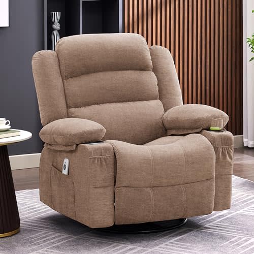 Rocker Recliner Chair with Heat and Massage, 360° Swivel Nursery Rocking Chairs for Adults, Oversized Recliner Single Sofa Seat with Cup Holders, Lazy Boy Recliner Single Sofa (Manual, Brown)