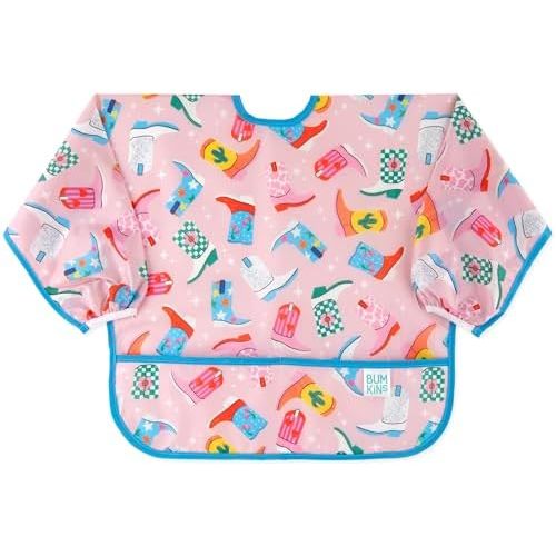 Bumkins Sleeved Bib for Girl or Boy Baby and Toddler for 6-24 Mos, Essential Must Have for Eating, Feeding, Baby Led Weaning Supplies, Long Sleeve Mess Saving Food Catcher, Soft Fabric, Cowgirl Boots