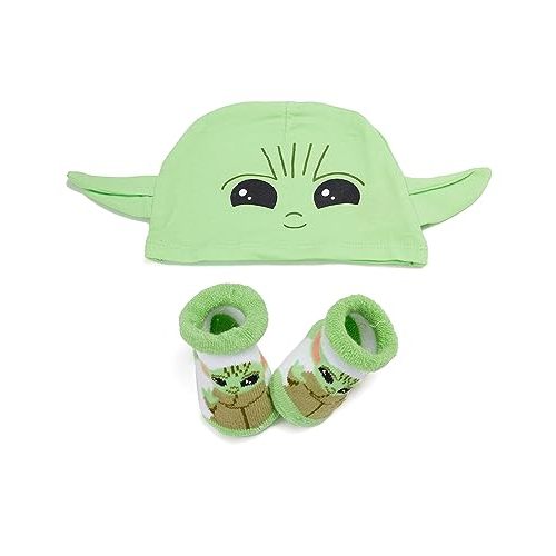 STAR WARS Baby Boys The Mandalorian | Cap and Bootie Set - Baby Yoda Baby Gift Set with Hat and Socks