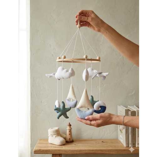 Nautical Baby Mobile, Ocean Theme Boy Nursery  Decor, Felt Sailing Boat Sea Clouds