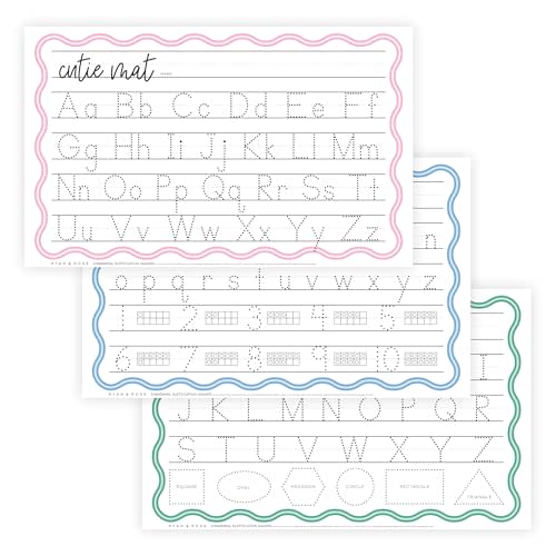 Ryan & Rose Cutie Mats Disposable Placemats For Baby, Toddlers & Kids Extra Coverage (13" X 21") 30 Pack (3 Designs) Stick To Table Easy Clean Up For Food & Toys Dry Erase Tracing Writing (EDU Tracer)
