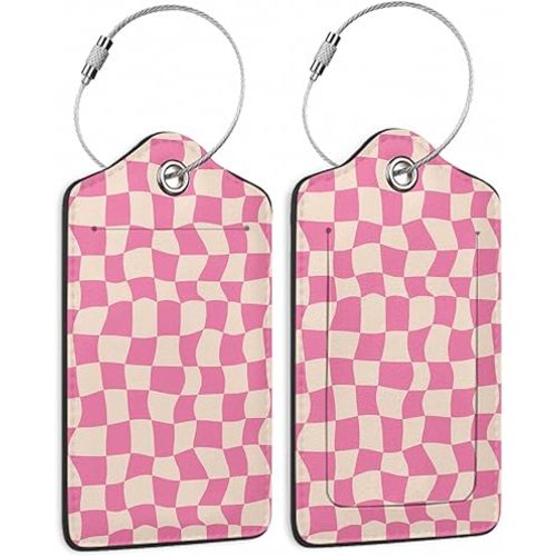 2 Pack Luggage Tag for Suitcase, Groovy Pink Checkerboard Leather Bag Tags Identifiers Privacy Cover ID Label with Durable Steel Loop for Women Men Kids Girls Travel
