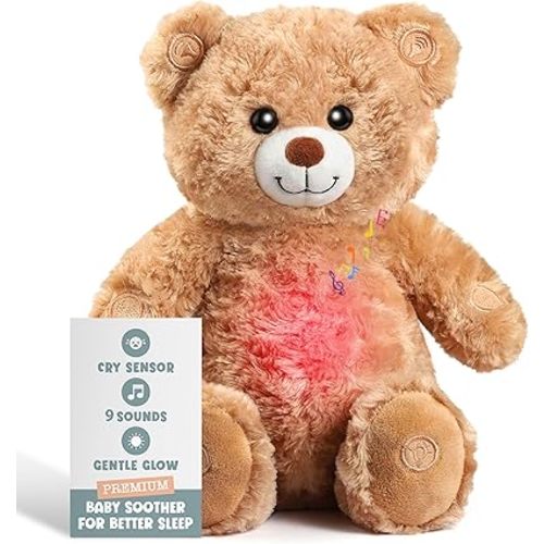 Gemma Joy Bedtime Baby Soothers for Sleep, Cry Activated Heartbeat Stuffed Animal for Baby, Newborn, Calming Light, Lullaby Music, White Noise, Shush and Mother’s Heartbeat - (Bear, Rechargeable)
