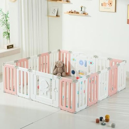 Bestgame Baby Play Pen, Foldable Play Pens for Babies and Toddlers, 22 Panels Extra Large Baby Playpen, Astronauts Portable Fence, Kids Gate Playpen Yard - Pink
