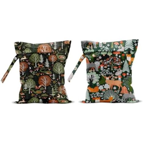 2Pcs Forest Animals Print Wet Bags, Wet Dry Bag Reusable for Swimsuit, Travel, Diapers, Pool, Beach, Dirty Yoga Gym Clothes, Toiletries, Makeup Bag, Zipper Pouch Waterproof Birthday Christmas Gifts