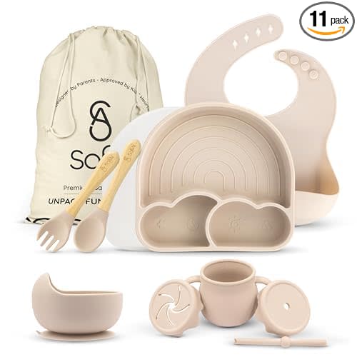 BPA-Free Non-Toxic Silicone Baby Feeding Set – Suction Plate, Bowl, Bib & Cup – 11-Piece Baby Led Weaning Set for Ages 6-18 Months – Eco Gift Bag (Royal Beige)