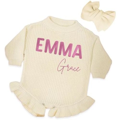 SwaddleAn Personalized Chunky Knit Sweater Romper, Custom Baby Name, Embroidered Baby Outfit, Infant One-Piece Keepsake