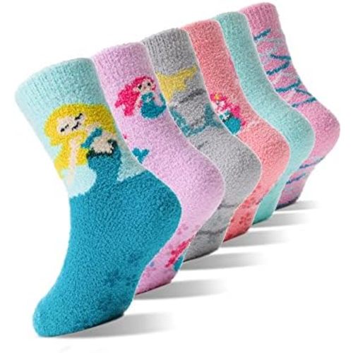 EBMORE Girls Kids Toddler Fuzzy Socks with Grips Non Slip Slipper Socks Crew Cabin Cozy Fluffy Warm Winter Socks 6 Pairs