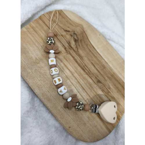 Personalized silicone pacifier clip with lotus flowers - beige, brown, and leopard print - personalized baby gift - French creations with name