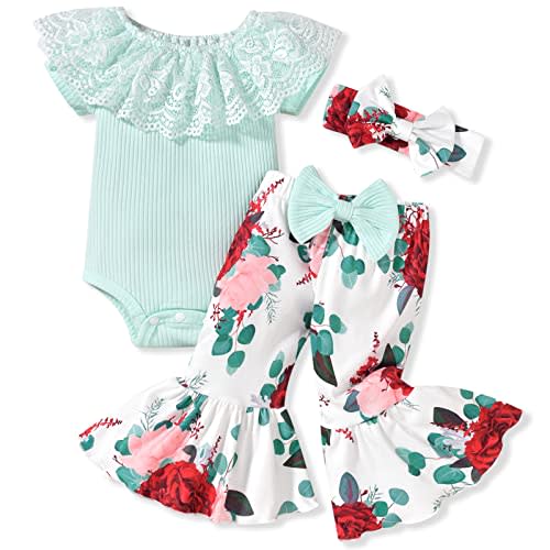 HINTINA Newborn Baby Girl Short Sleeve Bodysuit Flared Pants Ribbed Outfits