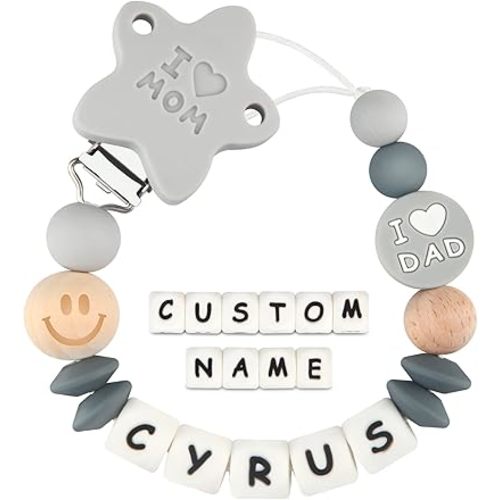 Personalized Pacifier Clip with Name Mom Dad for Baby Boys Girls Customized(Grey)