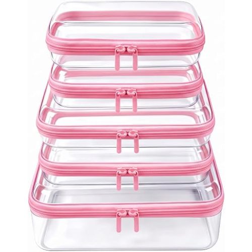 Paquete de 5 bolsas organizadoras de pañales con cremallera dura transparente, funda rígida transparente con cremallera para ropa, bolsa de maquillaje, bolsa de aseo, Rosa