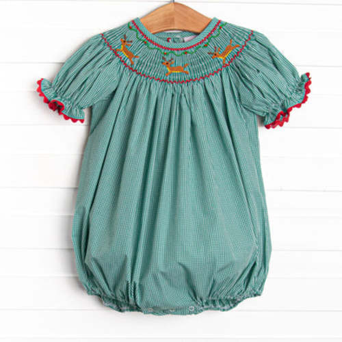 Rudolph's Runway Smocked Bubble, Green – Stitchy Fish