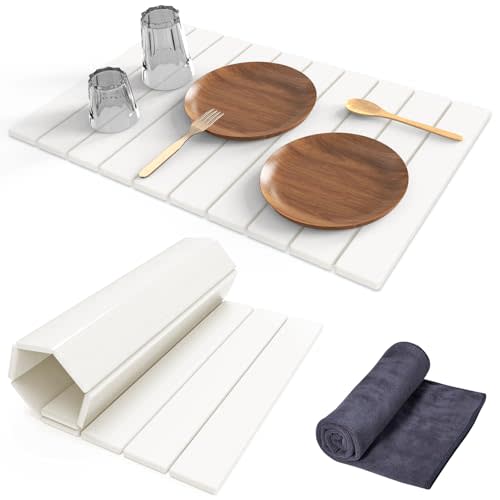 Stone Dish Drying Mat for Kitchen Counter,24"(L)×16"(W) Collapsible Fast-Drying Diatomaceous Earth Mats with Towel Sanding Tool,Versatile Stone Drying Mats for Cups Dishes Bottles