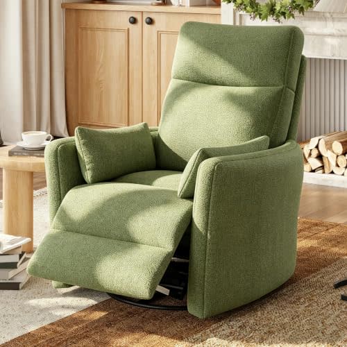 LINSY 360 Swivel Recliner Chair, Nursery Glider Rocking Chair with 2 Pillows, Chenille Nursing Chair Comfy High Back Adult Rocker Recliner for Small Spaces, Nursery Bedroom Living Room (Light Green)