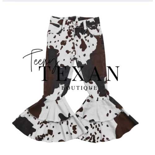 Kids Distressed Western Cowhide Print Flare Bell Bottom Jeans