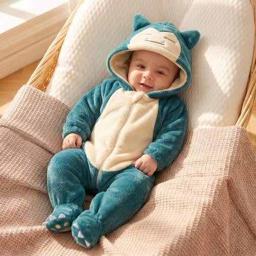 Snorlax Baby Romper, Soft Fleece Pokemon Inspired Infant Jumpsuit, Hooded Sleeping Monster Newborn Costume, Anime Baby Outfit, Halloween