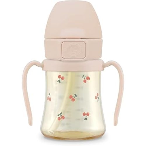 GROSMIMI PPSU Baby Straw Cup Stage 2, 12M+, Spill-Proof, 6oz (Cherry)