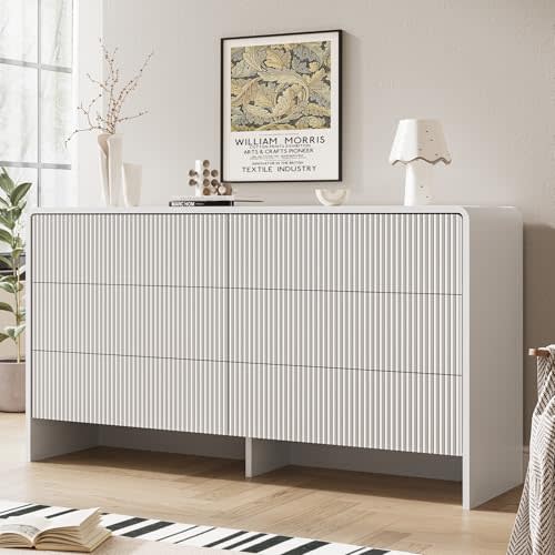 MAISONARIA White Curved 6 Drawer Dresser, Modern Long Dresser for Bedroom, Living Room, or Entryway, Push to Open Storage Chest, Minimalist Scandinavian Style, 55" Wide