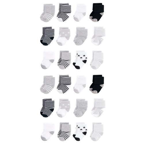 Hudson Baby Cotton Rich Baby Terry Socks 24-Pack, Gray Black Stars, 0-6 Months