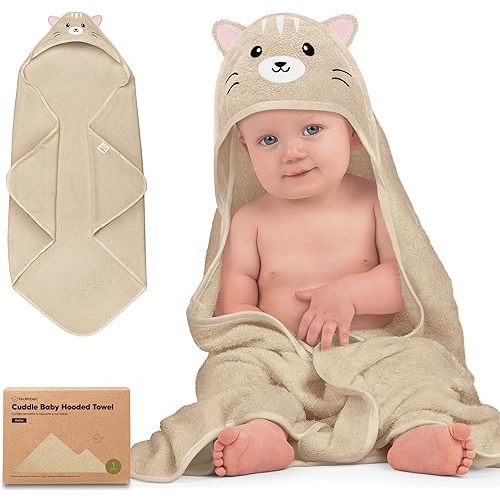 KeaBabies Hooded Baby Towel for Newborn - Viscose Derived from Bamboo Large Baby Bath Towels with Hood for Boys, Girls, Toddler, Extra Absorbent & Soft Newborn Bath Essentials (Cat)