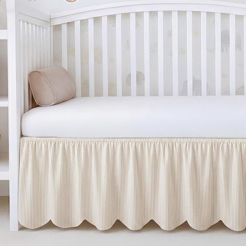 Mindsoft Beige Scallop Edge Cotton Crib Skirt Ticking Strip Farmhouse Chic Nursery Bed Skirt Gender Neutral for Baby Boys Girls Fits Standard Cribs Toddler Beds, 52" x 28" x 16" Drop
