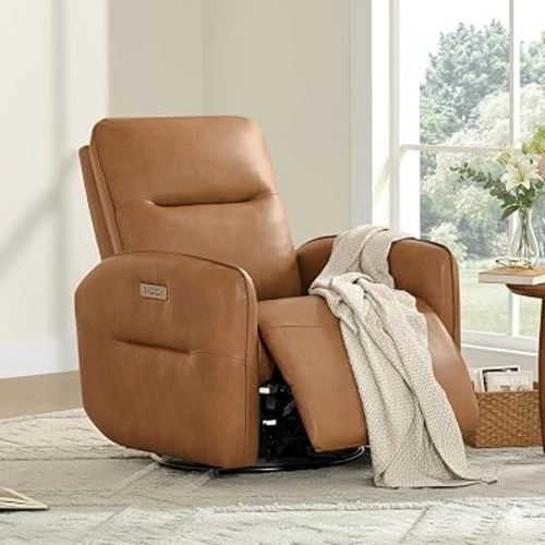 CHITA Faux Leather Power Recliner Chair, Swivel Glider, Camel