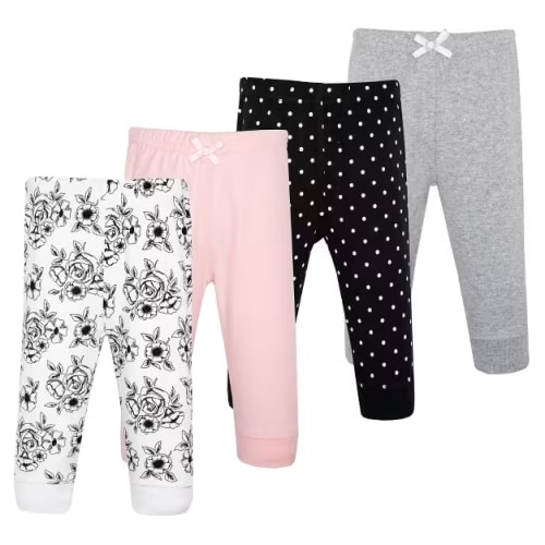 Hudson Baby Basics Infant Girls Comfy Cotton Pants 4-Pack, Rose Toile Charm, 9-12 Months