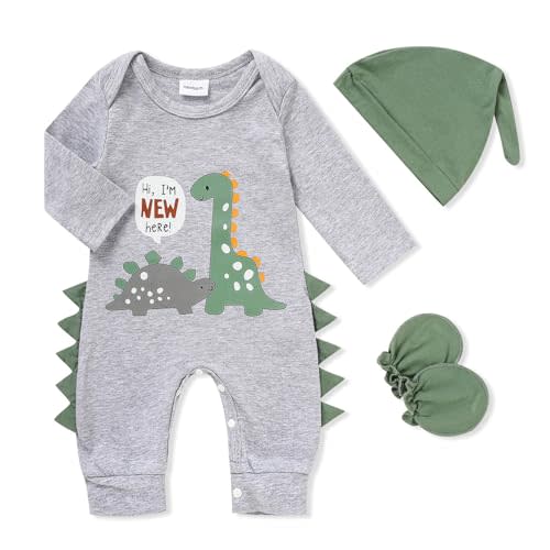 GRNSHTS Newborn Baby Boy Romper Coming Home Outfits Letter Print Bodysuit Jumpsuit+Hat+Gloves 3PCS Clothes Set