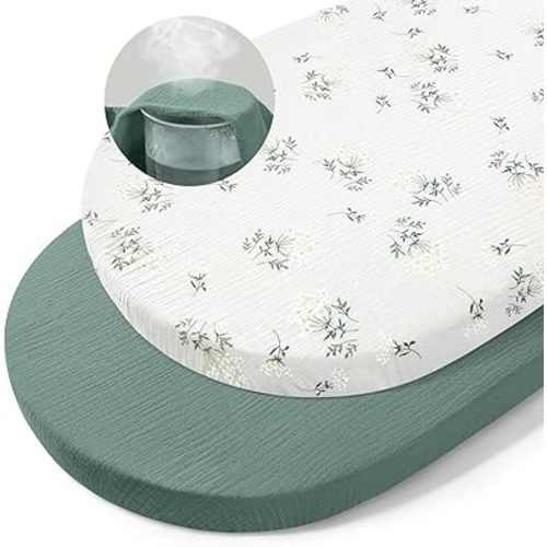 Basumee Muslin Bassinet Sheets for Baby Girl Boy 2 Pack Soft Breathable Baby Bedside Bassinet Fitted Sheets with Bottom Elastic Band Mattress Cover for Rectangle Oval Hourglass Bassinets