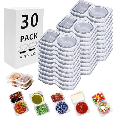 30 Sets Reusable Snack Containers Double Compartment Snackle Box Container with Lids - Leak-Proof BPA-Free Food Storage, Condiments Portion Control Dip Cups for Kids School Lunches, Meal Prep, Takeout