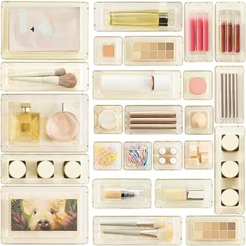 Vtopmart 25 PCS Clear Plastic Drawer Organizers Set, 4-Size Versatile Bathroom and Vanity Drawer Organizer Trays, Storage Bins for Makeup, Bedroom, Kitchen Gadgets Utensils and Office