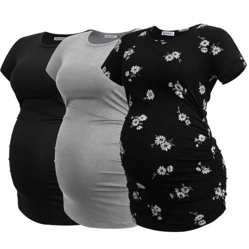 Smallshow Women's Short Sleeve Maternity Shirt Side Ruched Pregnancy Tunic T-Shirt 3-Pack