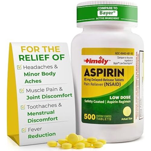 TIME-Cap Labs 500 Tablets Low Dose Aspirin 81mg Enteric Coated - NSAID Pain Reliever & Fever Reducer for Adults, Helps with Minor Aches, Headaches, Muscle Pain, Toothaches, and Joint Discomfort