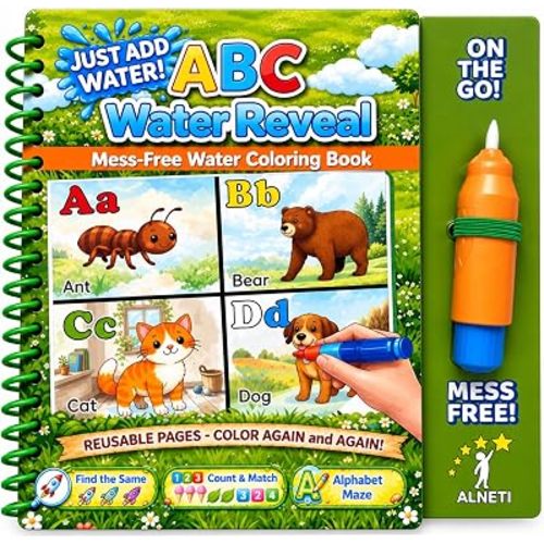 Reusable Water Coloring Book ABC, Water Painting Book for Toddlers, Alphabet Reveal Color Books for No-Mess Coloring, Travel Toys for Girls Boys, Quiet Time Activities for Kids Ages 3+