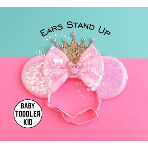 Mickey Ears with Crown, Minnie Ears, Baby Toddlers Minnie Ears, Pink Mouse Ears, Minnie Charm Mouse Ears, Mouse ears Elastic Headband